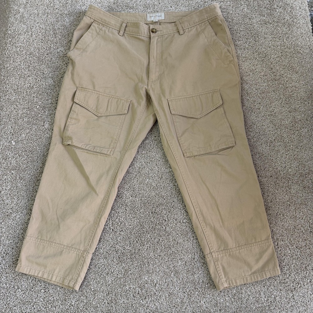 Sun + Stone Cargo Pants Womens 38x25 Beige Relaxed Fit Straight Leg Cotton